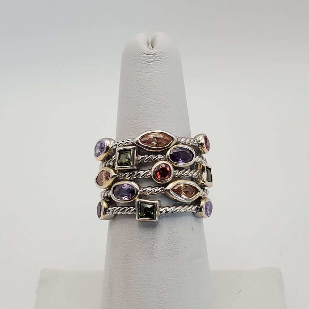 Sterling Silver - Rainbow CZ Layered Twisted Rope Cocktail Ring Size 7.5 7.3g